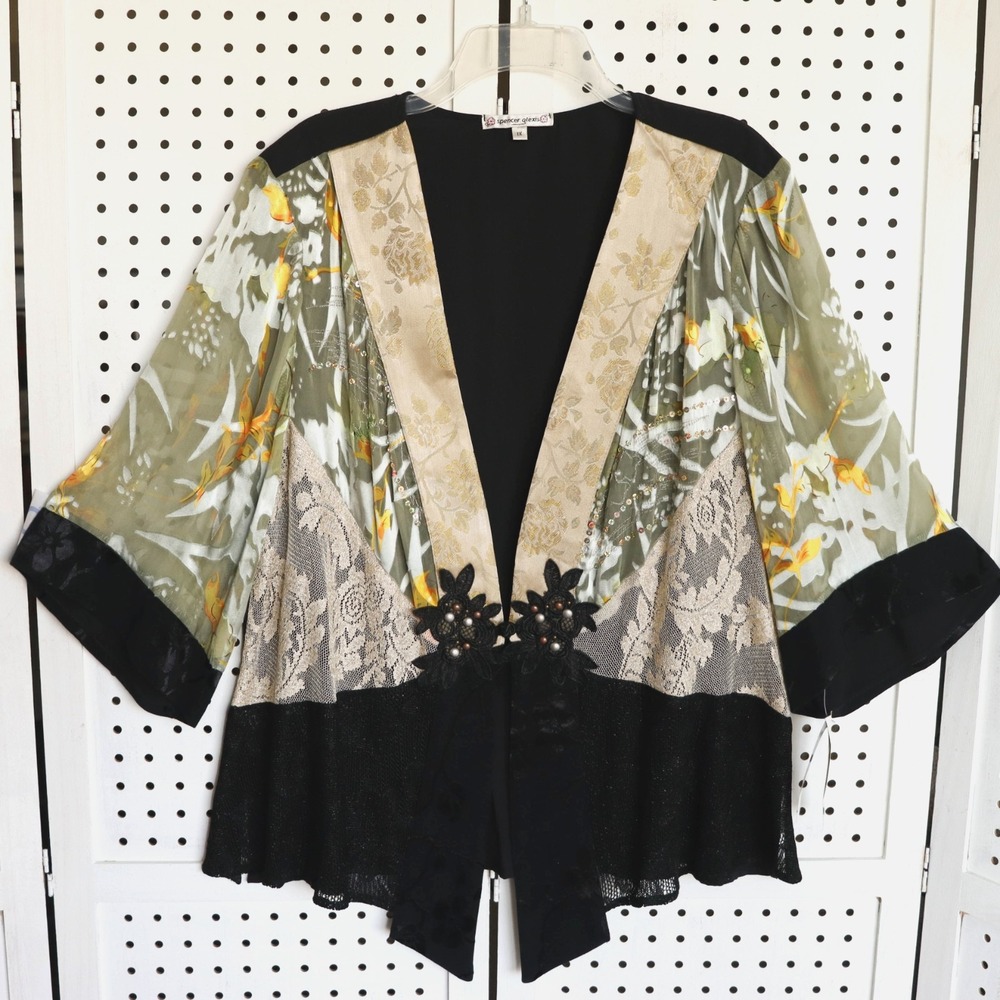 Spencer Alexis Black Yellow Silk Blend Cropped Kimono Top Womens SIZE 1X